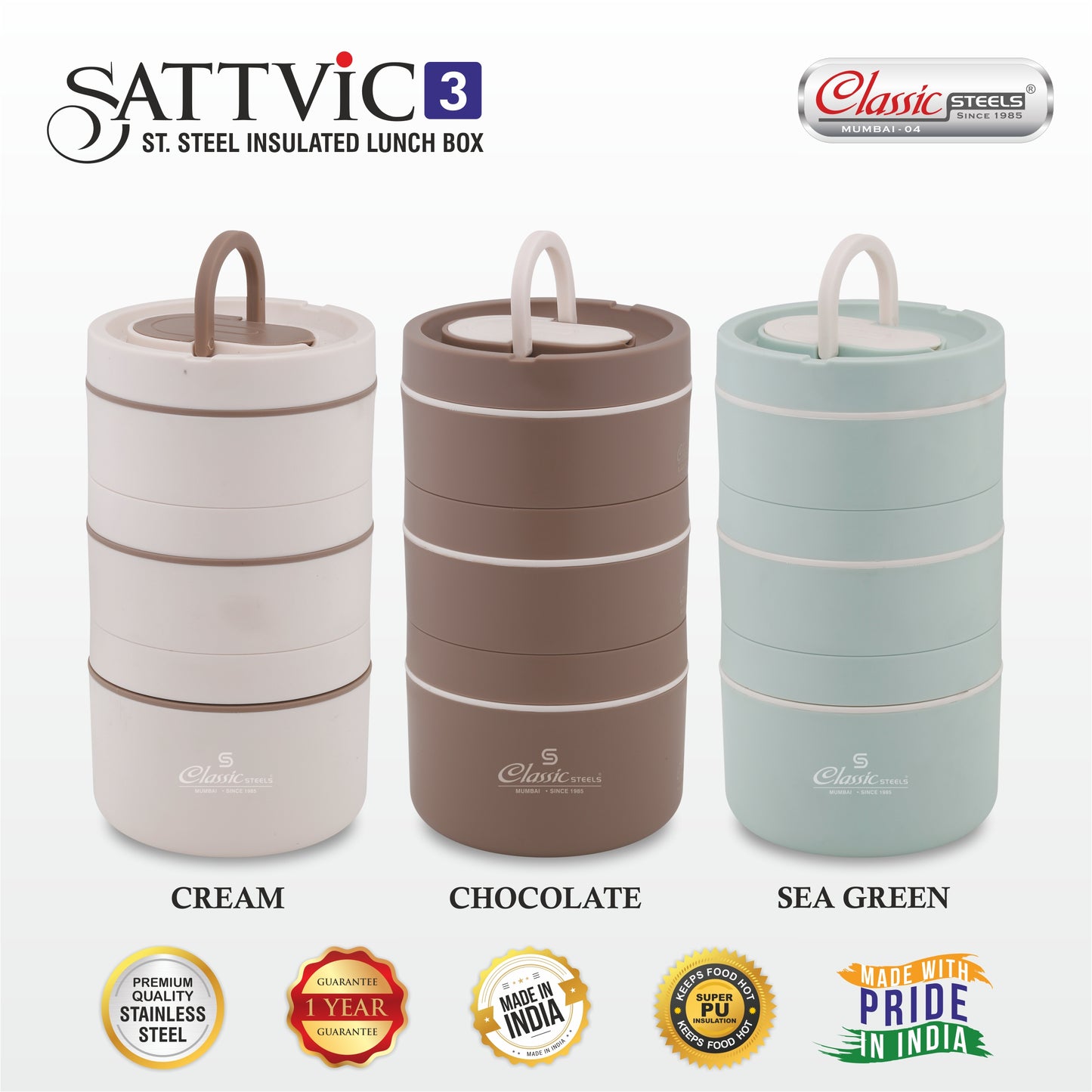 Sattvic 3 pcs Insulated Lunch Box